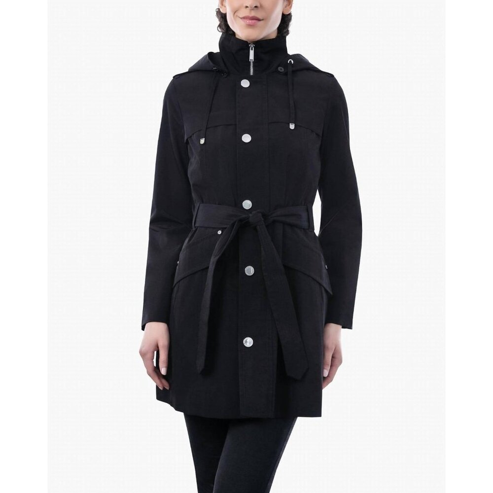 London Fog Full Zip Hooded Trench Coat Belt Black Women's Small Hooded NEW